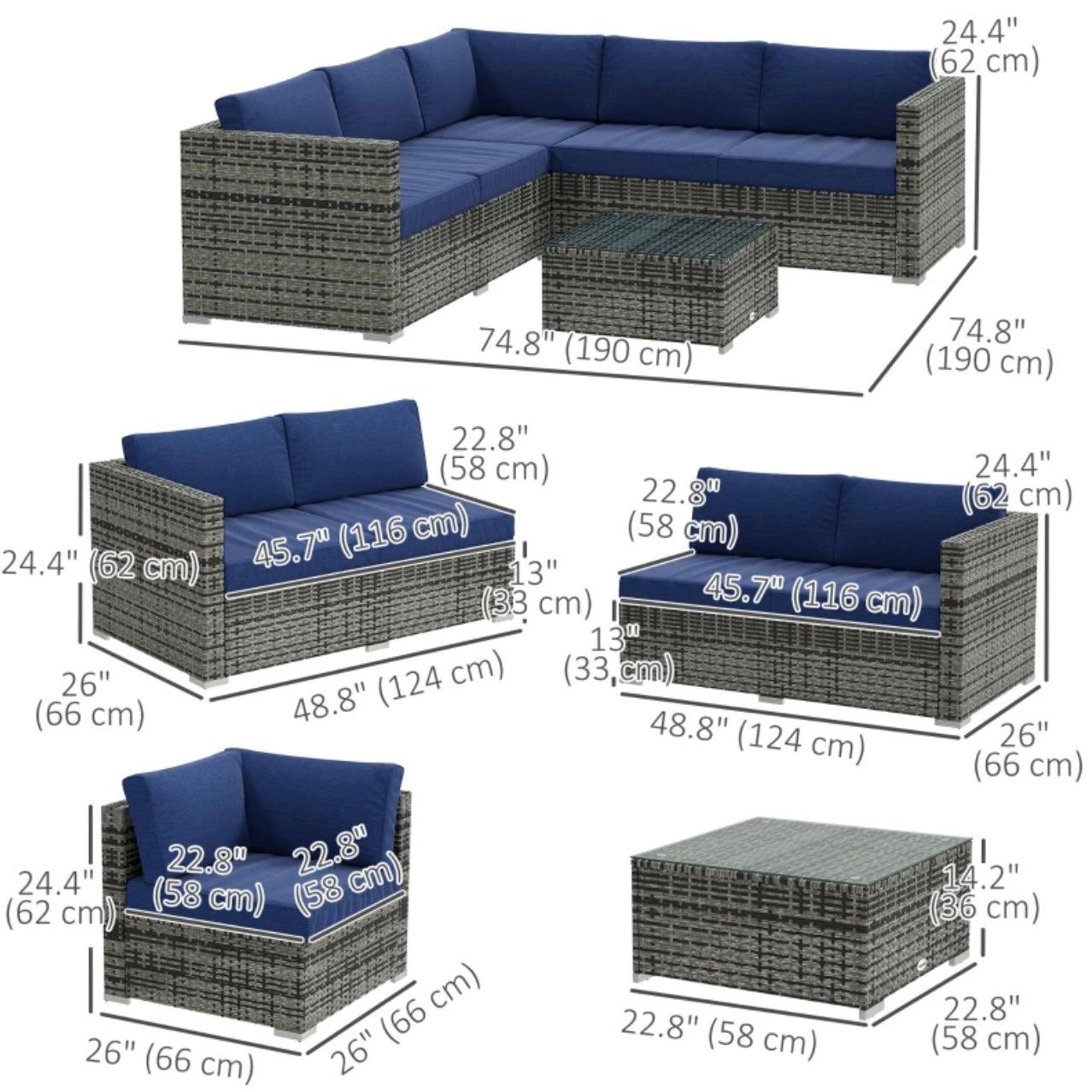 PatioFurnit Coastline Lounge Set – 4-Piece Modular Outdoor Sectional in Navy Blue