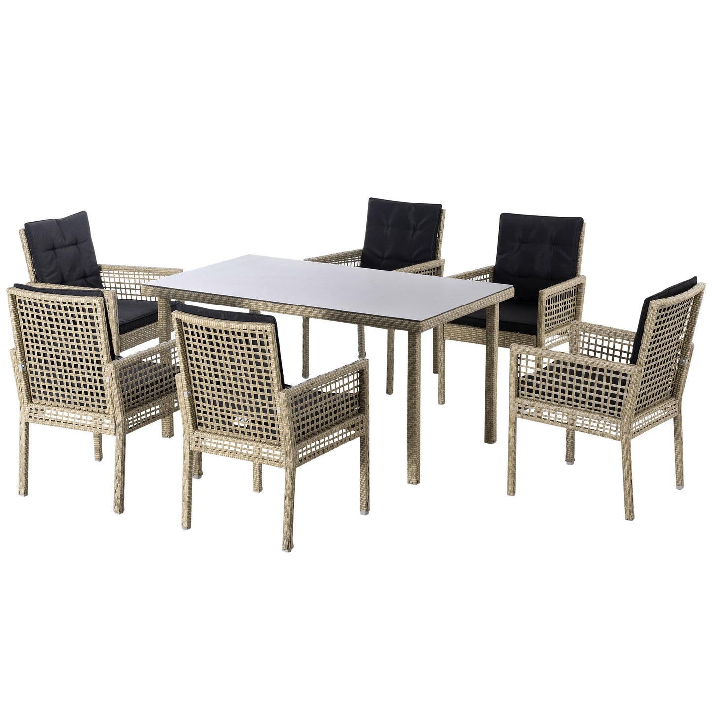 7 Pieces Patio Dining Set, Outdoor Furniture Set, Wicker Armrests Chair and Tempered Glass Table Top, Black