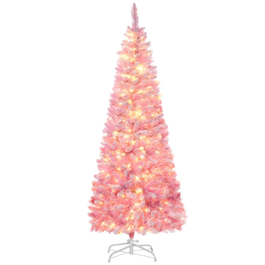 6 Foot Prelit Snow Flocked Artificial Christmas Tree with Pencil Shape, 500 Pine Realistic Branches, Warm White LED lights
